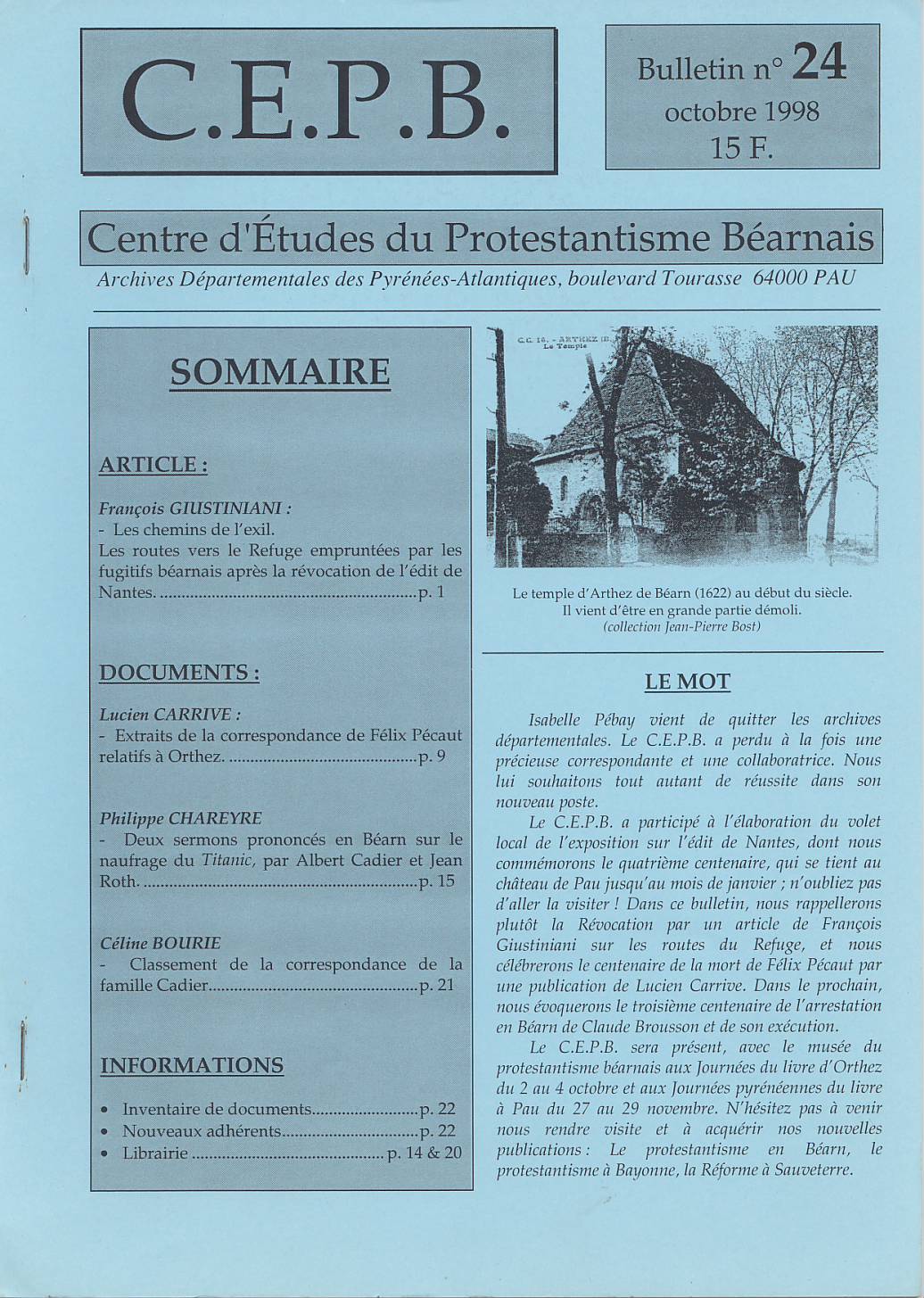 CEPB protestantisme Béarn bulletin 24