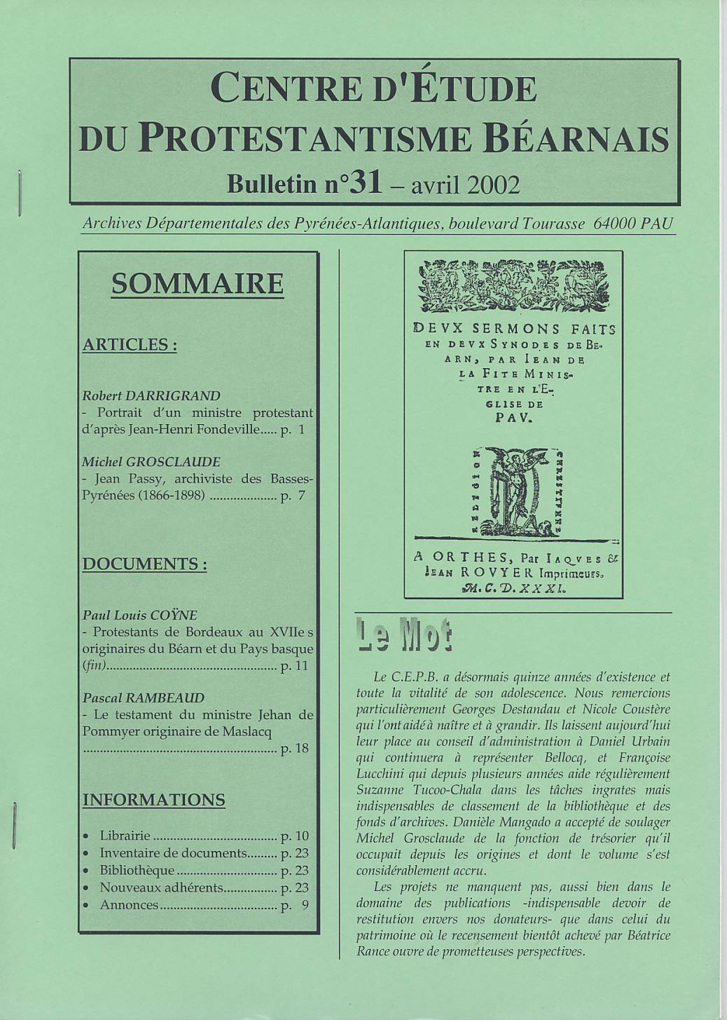 CEPB protestantisme Béarn bulletin 31